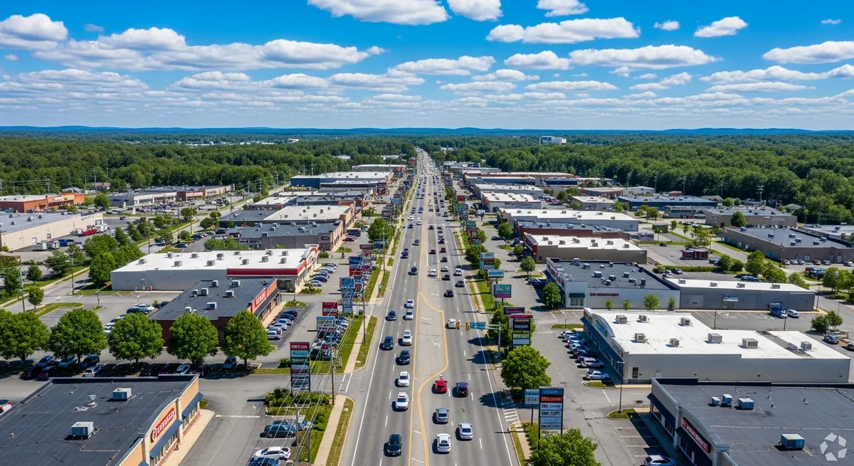 Aerial view of Central Massachusetts commercial corridor
