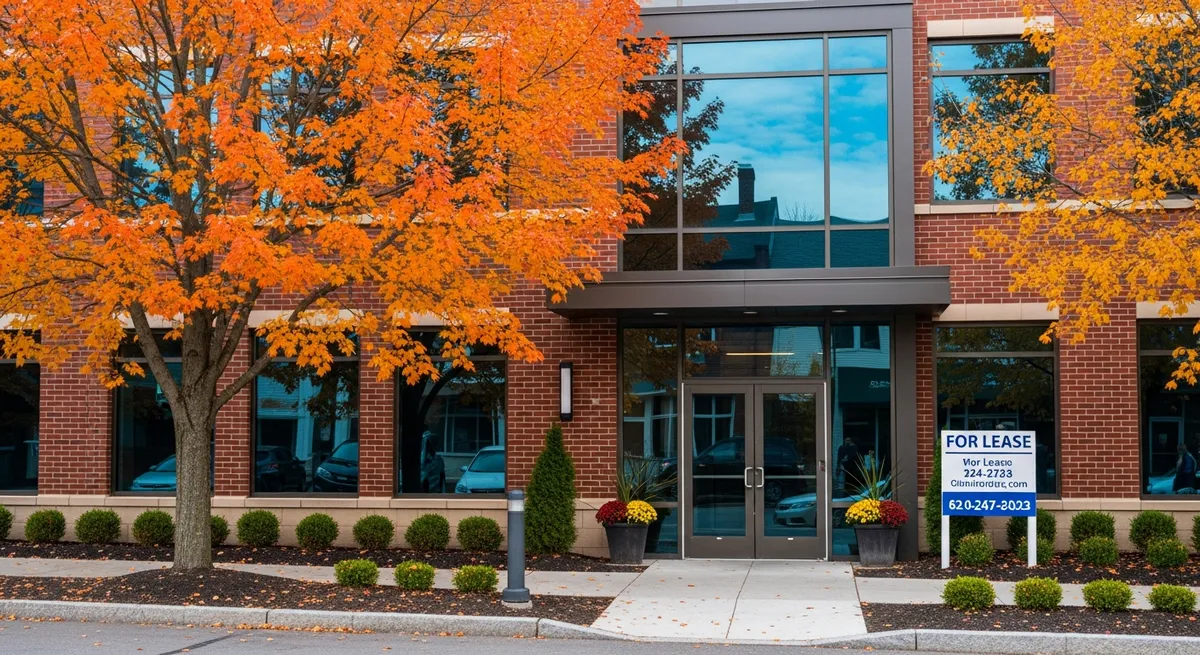 Commercial building in New England with autumn foliage