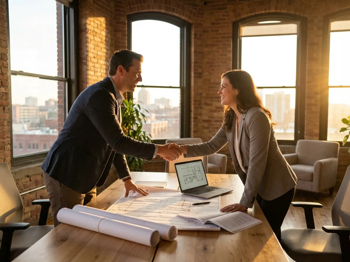Business partners shaking hands over property blueprints in modern office