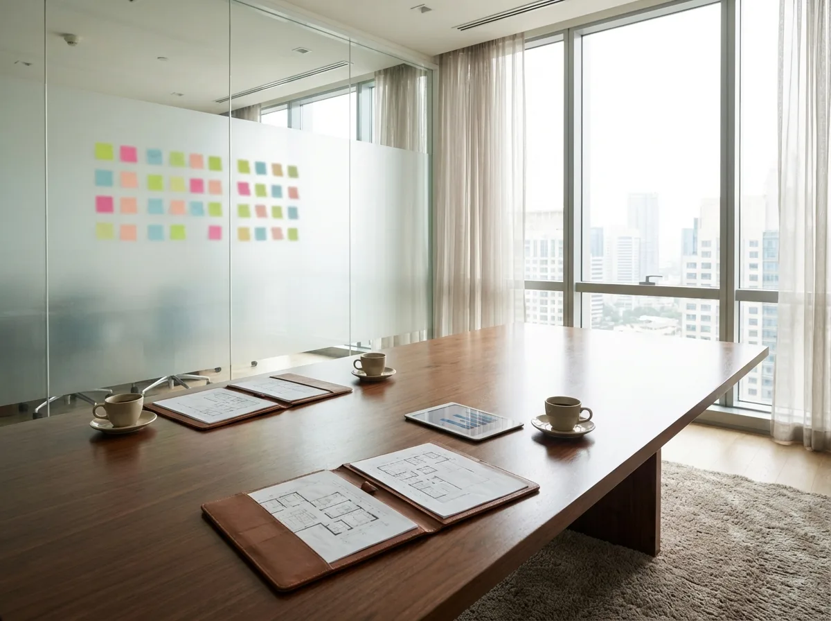 Modern office meeting room with property floor plans and organized process board