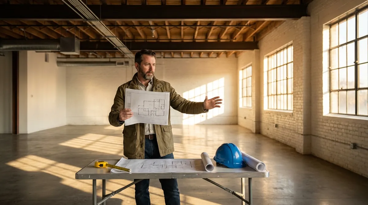Professional reviewing floor plans inside an empty commercial space
