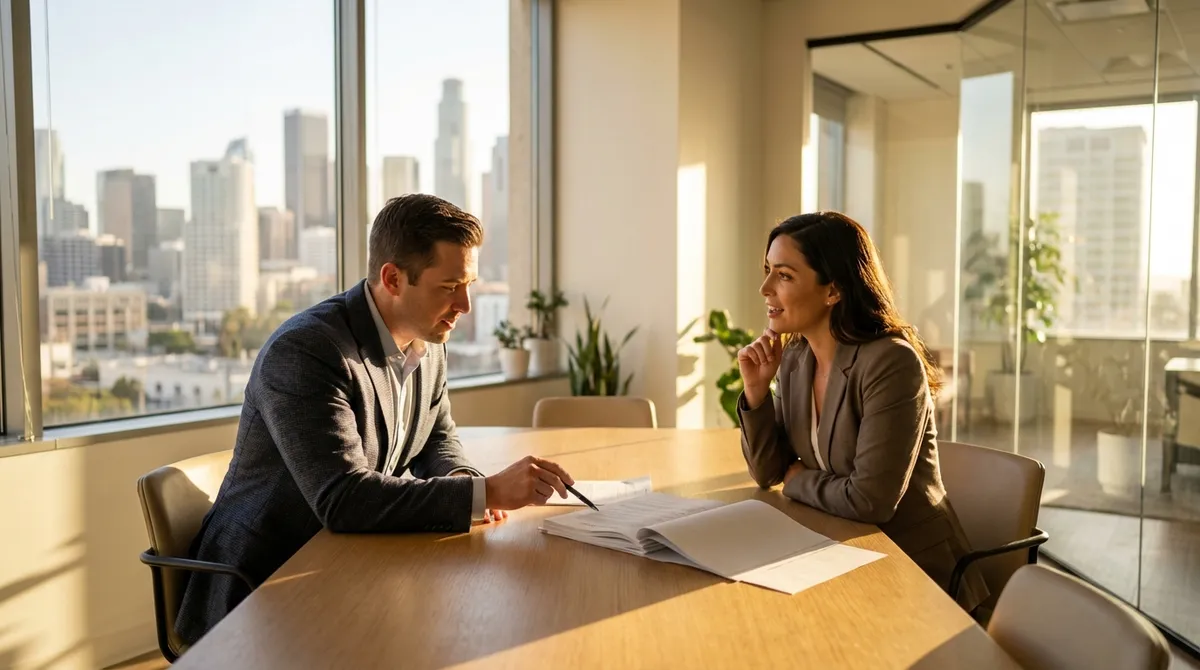 Two professionals discussing lease documents at a conference table
