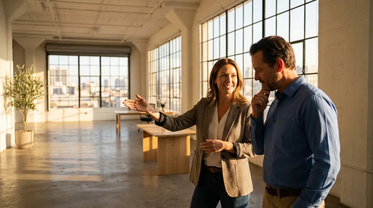 Real estate broker giving a space tour to a prospective tenant
