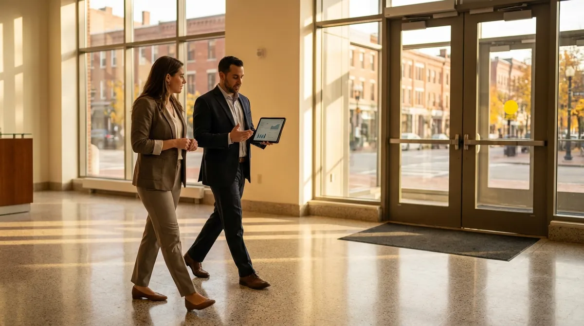 Real estate broker and investor walking through a commercial building lobby