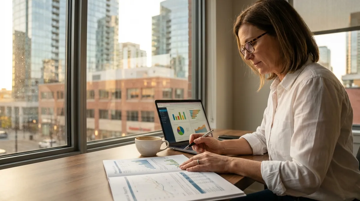 Business professional reviewing financial documents with commercial building visible through window