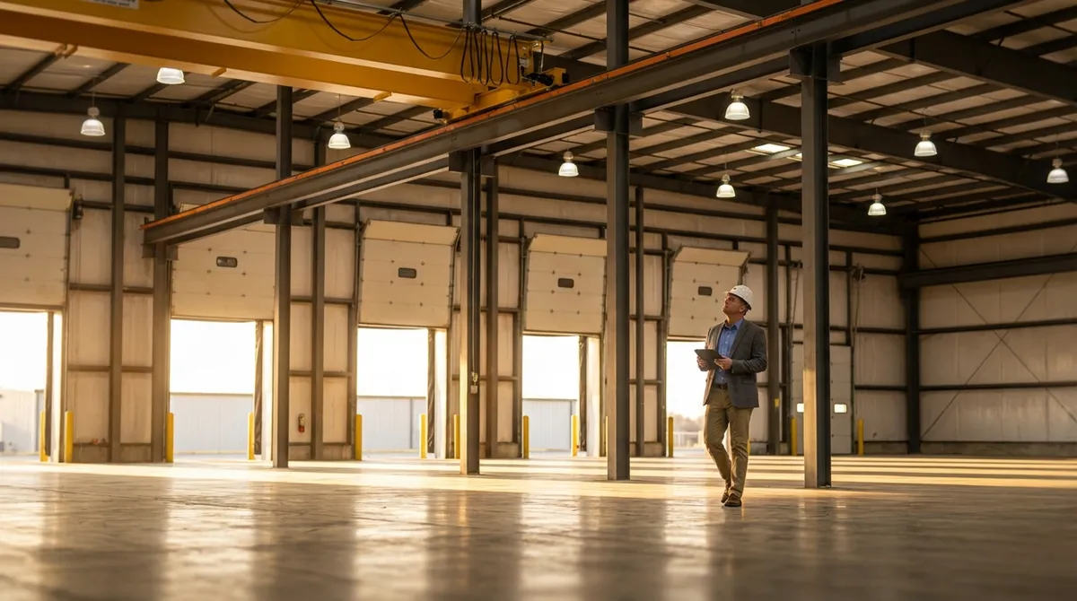 Property inspector walking through a large industrial warehouse assessing building specs