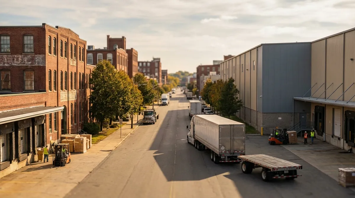 Industrial corridor street in Worcester with warehouse buildings and distribution centers