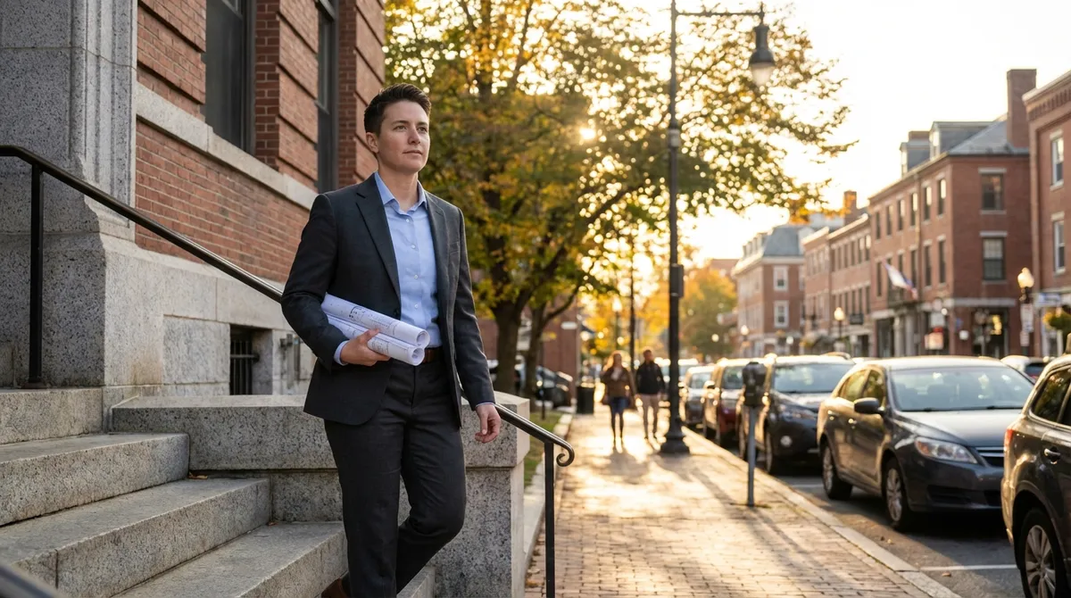 Real estate professional with blueprints outside a municipal planning office