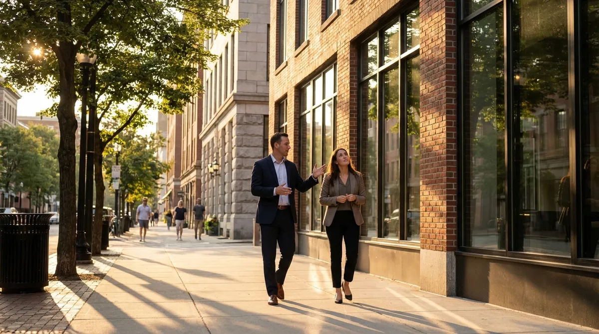 Broker walking a client past a downtown Worcester office building on a tree-lined sidewalk