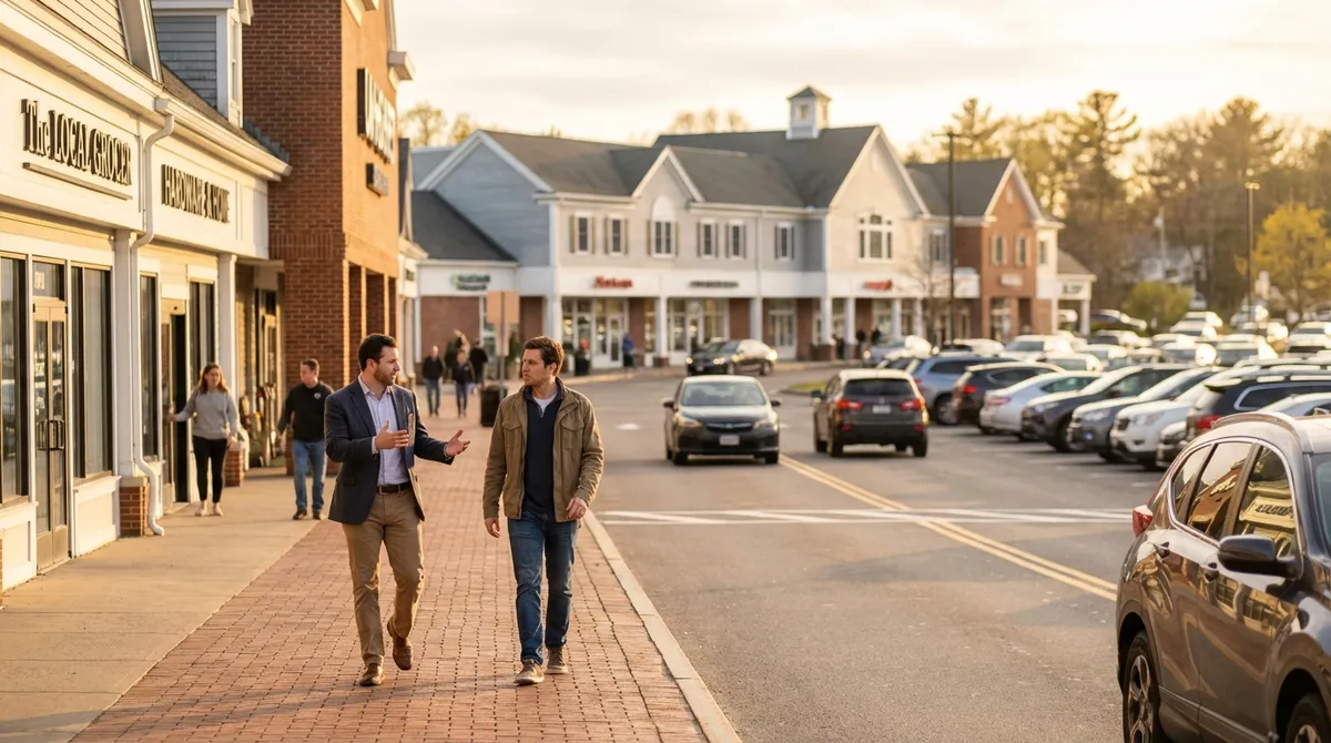 Broker and business owner walking a Central Massachusetts retail plaza lined with storefronts
