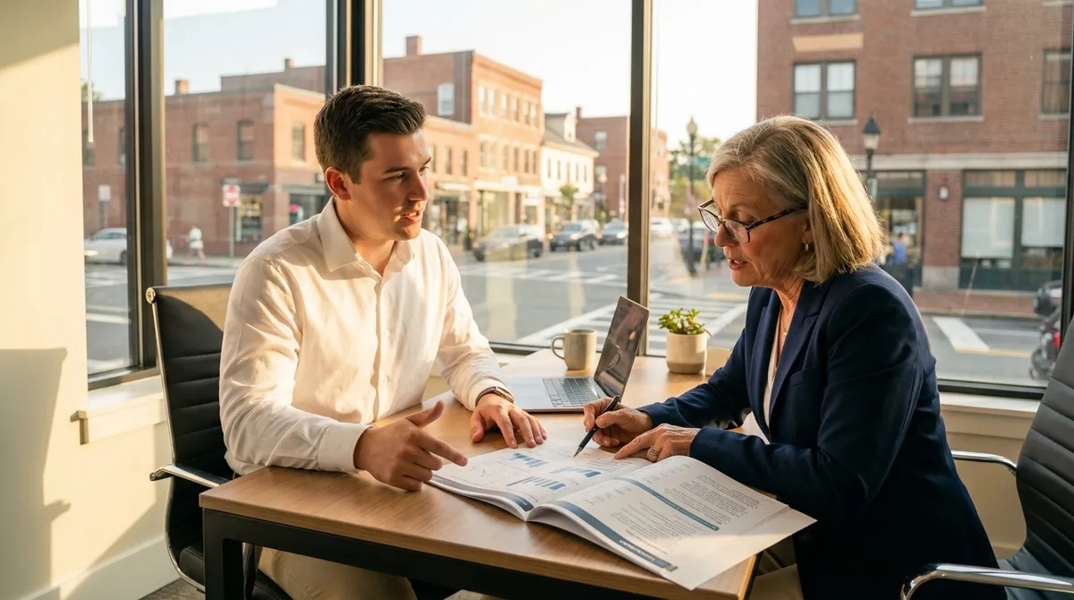 Broker presenting activity report to property owner in office